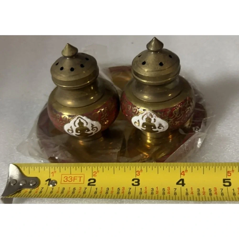 Vintage Siam Thailand Brass Enamel Buddha Salt Pepper Shakers Tray Red